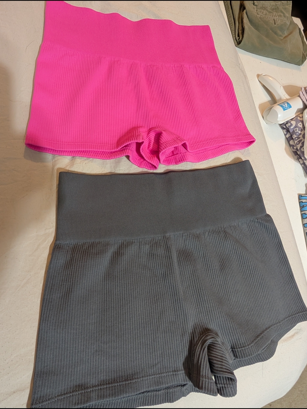 High-Waist Ribbed Athletic Shorts — Pink & Gray